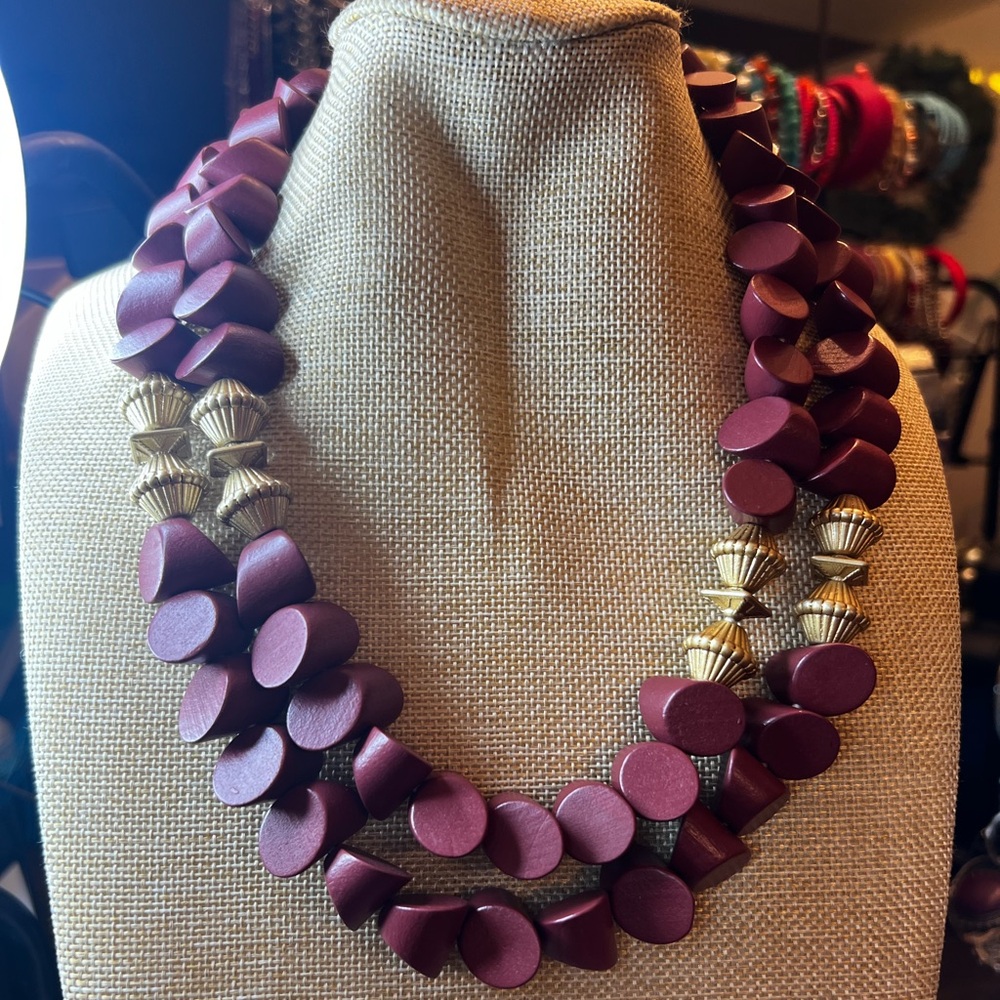 Plunder Multi-Strand Plum Wooden Bead Necklace with Gold Accents